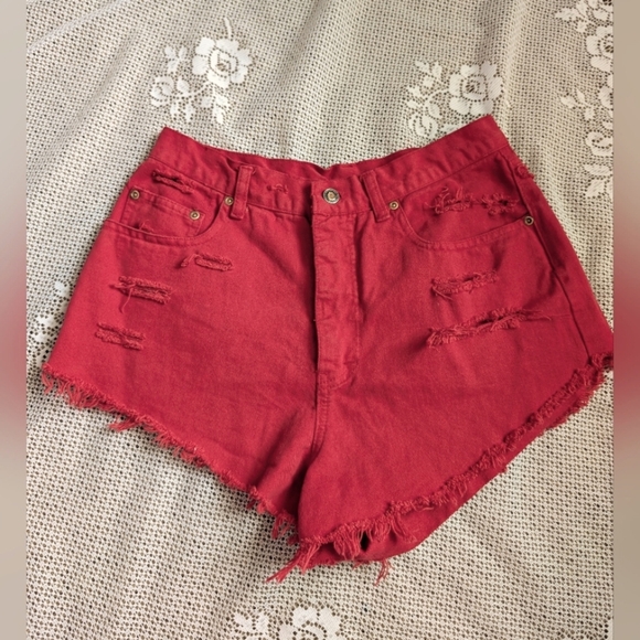 Vintage Red Jean Shorts Distressed Cut-Off Style - Picture 1 of 3